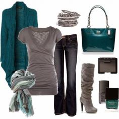 #fashion #style #jeans #boots #sweater #purse #scarf #grey #teal #colors