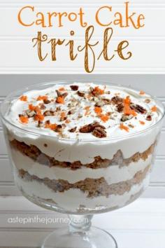 
                    
                        Delicious Carrot Cake Trifle with AMAZING cream cheese whipped cream! Perfect dessert for Easter & Spring!
                    
                