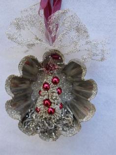 Tart Mold Christmas Ornament, German Glass Glitter, bottle brush tree