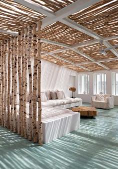 birch tree room divider for a beach house