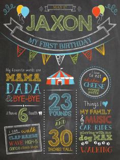 Custom chalkboard style boy first birthday circus carnival poster. Digital file or 18 x 24" Printed on board, includes high res digital file. https://www.etsy.com/shop/ChalkDustDesign  Like these fonts too with the lines. Also like the way the pennants are under the banner.