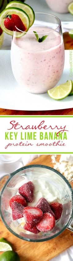 
                    
                        100% guilt free, Easy, creamy, Strawberry Key Lime Banana Protein - tastes like an indulgent dessert but is healthy, and protein packed to satisfy all your sweet cravings. #strawberrysmoothie #smoothie #strawberrybananasmoothie #proteinshake
                    
                
