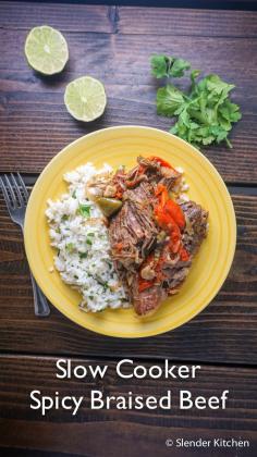 
                    
                        An easy and low calorie spicy braised beef made in the slow cooker for around 200 calories and only 5 Weight Watchers PointsPlus
                    
                