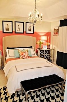 
                    
                        Master Bedroom: Black and White Bedding. Dark Grey Curtains. Coral and Sky Blue Accents. Light Grey Paint on Walls. Accent Tray Ceiling with Darker Grey Paint and Chandelier. DIY Upholstered/Tufted Headboard.
                    
                