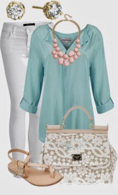 Love this spring or summer outfit! Pastel colors mixed with neutral shoes, white pants, and gorgeous bag.