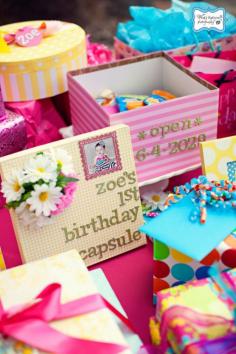 SUCH a cute idea! 1st BIRTHDAY TIME CAPSULE! Bright As The Sun 1st Birthday Party! - Sunshine Party via Kara's Party Ideas - The Place for All Things Party #timecapsule #1stbirthdayparty #party #ideas
