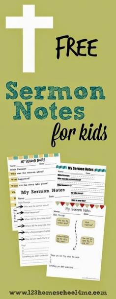 
                    
                        FREE Printable Sermon Notes for Kids! Several different style for kids from K-6th grade can use with any sermon to listen to Bible stories. Great resource for Christian families or to give out in Sunday School Lessons.
                    
                