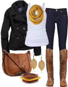 Kate middleton style casual fall outfit. Brown boots navy jacket white top jeans yellow infinity scarf
