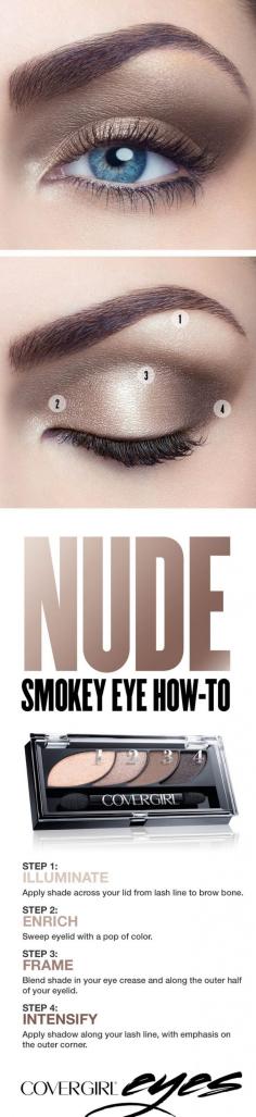 
                    
                        Try this step-by-step tutorial for a natural nude smokey eye, featuring COVERGIRL Eyeshadow Quads in Notice Me Nudes. The COVERGIRL Eyeshadow Quads palette makes it easy, with numbered steps to help you get the gorgeous looks you want. Perfect for any occasion when you’d like to try something other than a standard black smokey eye.
                    
                