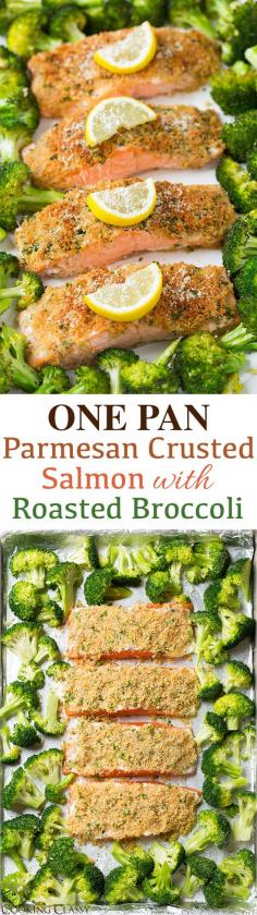 
                    
                        Single Sheet Pan Parmesan Crusted Salmon with Roasted Broccoli - everything is roasted together on one pan so clean up is a breeze! It's healthy and it tastes incredible!
                    
                