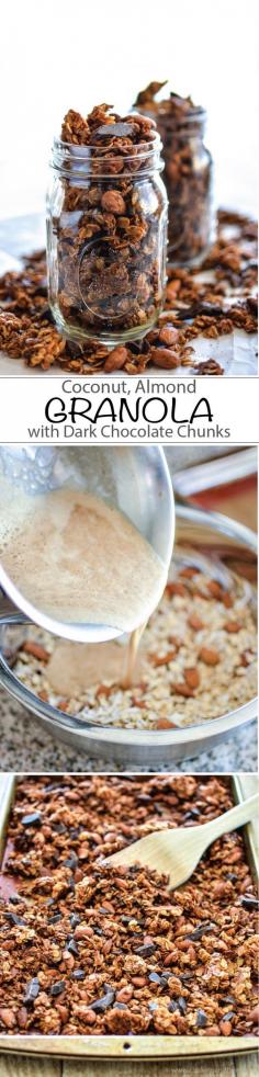 
                    
                        Homemade Coconut Almond Granola with Dark Chocolate Chunks Recipe for breakfast, lunch, dinner or snack! | www.cookingandbee...
                    
                