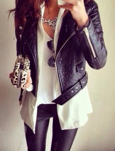 
                    
                        leather jacket, leather leggings and white tee
                    
                