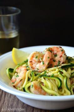 Skinny Shrimp Scampi with Zucchini Noodles Recipe from @Just a Taste | Kelly Senyei