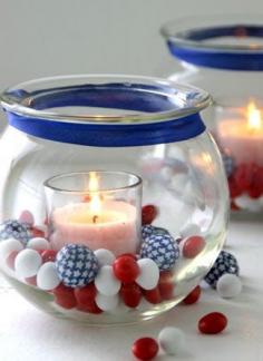 
                    
                        Centerpiece Idea~Neat 4th of July idea. You could substitute any color ribbon and candies for any time of the year.
                    
                