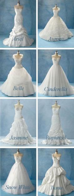 Cinderella and snow white.  Disney Princesses wedding dresses