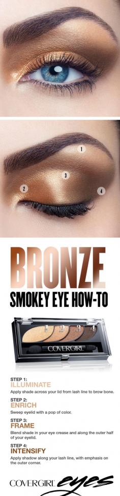 
                    
                        Try this step-by-step tutorial for a golden bronze smokey eye, featuring COVERGIRL Eyeshadow Quads in Go for the Golds. The COVERGIRL Eyeshadow Quads palette makes it easy, with numbered steps to help you get the gorgeous looks you want. Perfect for any occasion when you’d like to try something other than a standard black smokey eye.
                    
                