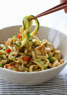 Kung Pao Chicken Zoodles For Two - Enjoy these Kung Pao Noodles without the guilt (under 300 calories), because the noodles are zoodles (zucchini noodles) and the taste is fantastic!