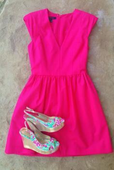 French connection hot pink dress with Lilly Pulitzer wedges (spike the punch)