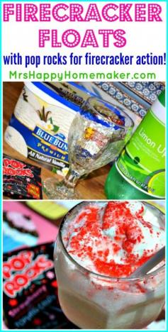 
                    
                        These Firecracker Floats have real popping action that kinda feels like fireworks in your mouth that's created by using Pop Rocks. You can mix and match whatever flavor of ice cream (or frozen yogurt or sherbet) with any flavor of Pop Rocks - the flavor possibilities are endless! They're SO yummy!! | MrsHappyHomemaker... @thathousewife
                    
                
