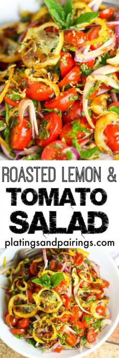 
                    
                        AMAZING tomato salad with oregano, roasted lemons and a light vinaigrette - VEGAN too!
                    
                