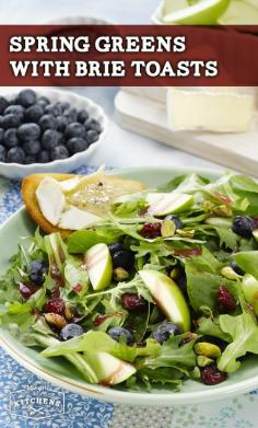 
                    
                        Spring Greens with Brie Toasts: Create a vibrant spring salad of mixed greens, green apples, blueberries, pistachios and Simply Dressed Pomegranate Salad Dressing. For a finishing touch, add a side of toasted French bread topped with Brie.
                    
                