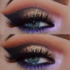 
                    
                        Cut Crease Eyeshadow: Gold Glitter Sparkles, Bronze, Copper, Lavender on lower lash line
                    
                