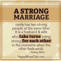 
                    
                        A strong marriage rarely has two strong people at the same time. It is a husband & wife who take turns being strong for each other in the moments when the other feels weak. -Ashley Willis
                    
                