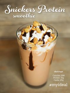 
                    
                        Snickers Protein Smoothie: 1/2 cup fat free cottage cheese, 1/2 cup almond milk, 1 scoop chocolate IdealShake mix, 2 tbs PB2, 1 tsp cocoa powder, 2 tsp sugar free caramel syrup, add ice and blend! #snickers
                    
                