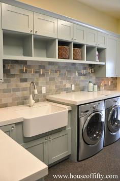 I would change up a few tiny details, make it look not so off the shelf from home depot, but this may be one of the most functional dream laundry rooms I have ever seen, down to that awesome sink! My backsplash would likely be a white subway tile like I love from kitchens I have seen.