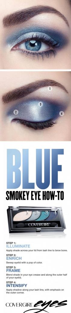 
                    
                        Try this step-by-step tutorial for a colorful blue smokey eye, featuring COVERGIRL Eyeshadow Quads in Breathtaking Blues. The COVERGIRL Eyeshadow Quads palette makes it easy, with numbered steps to help you get the gorgeous looks you want. Perfect for any occasion when you’d like to try something other than a standard black smokey eye.
                    
                