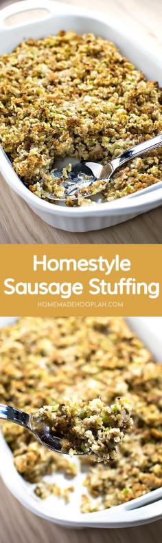 
                    
                        Homestyle Sausage Stuffing! The perfect homestyle sausage stuffing to round out your next holiday meal! | HomemadeHooplah.com
                    
                