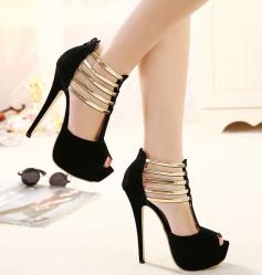 
                    
                        Strappy Black and Gold Peep toe High Heels Shoes
                    
                