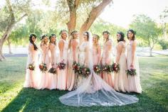 natural mixed wedding bouquets - hair flowers - blush pink maxi bridesmaid dresses