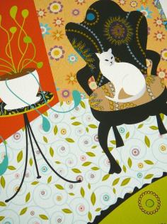 illustration, animal, cat, interior, naive, pattern, design, floral. Grat use of pattern and perspective