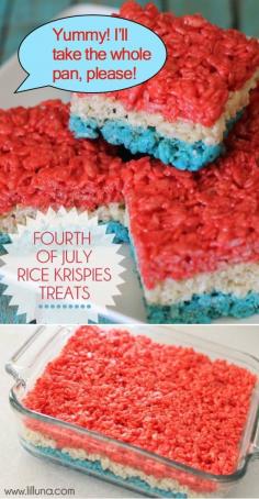 Red, White and Blue Fourth of July Rice Krispies Treats.  Made them for the 4th of July Pig Roast....Normal Rice Krispies that fit the holiday.  A good idea...Ricci