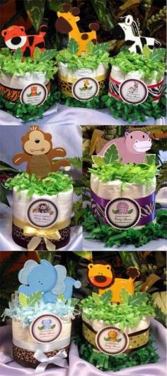 baby shower centerpieces.  Doesn't have to be the jungle theme but I like this mini diaper cake center piece idea