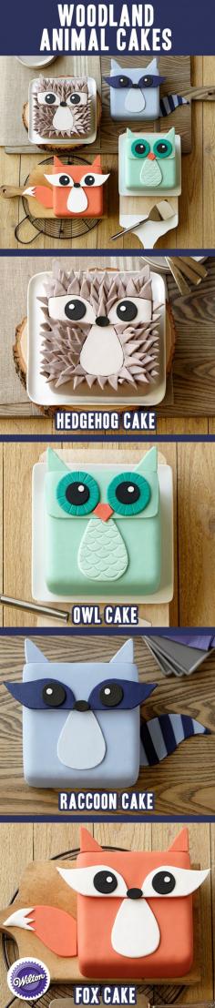 Use a square pan to make four different fondant Woodland Animal Cakes. I love the fox cake!
