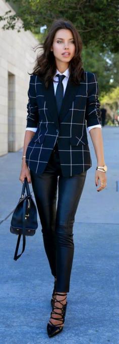 Chic Plaid Blazer with Black Leather Pant and Lace Heels | Street Styles Outfits