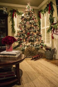 crate tree stand, Red, silver and jute ribbon Christmas tree, live garland - the Stiers Aesthetic