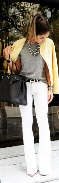 love the white jeans, yellow blazer, & statement necklace. The Hermes belt is nice, too ;)