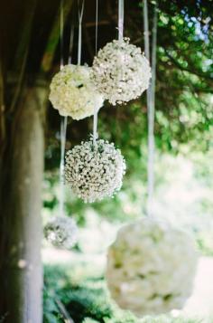 
                    
                        White pomanders drip from tree branches creating an enchanted feel to this wedding. #babybreathwedding #weddingdecoration
                    
                