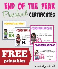 
                    
                        Celebrate the end of another Preschool Year with these SUPER CUTE Certificates!! Includes two styles for both boys and girls. :: www.inallyoudo.net
                    
                