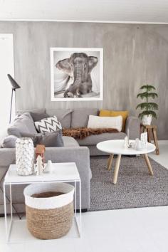 Grey washed walls | white & wood coffee table | grey couch