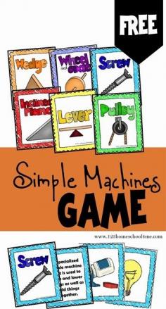 
                    
                        FREE!! Simple Machines Game is a free printable science game for Kindergarten - 5th grade students to learn about the six simple machines:Wedge, Wheel & Axel, Screw, Inclined Plane, Lever, and Pulley. Great for hands on science activities, review or summer learning!
                    
                
