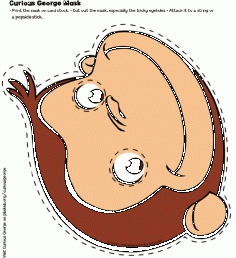 Printable color Curious George mask. Stick this sheet onto a big piece of cardboard from the front of a cereal box. Ask a grown-up to help you cut out the mask, punch holes to see through, and attach it to a string or a stick.#YoYoBirthday