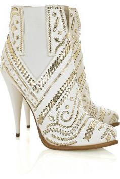 Off White Cowboy Style Pale Gold Embroidered Leather Ankle Boot  Gold Dress #2dayslook #jamesfaith712 #GoldDress  www.2dayslook.com