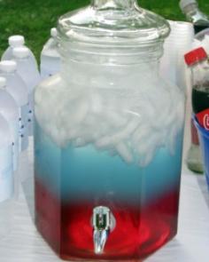 Independence Punch! I wanna try this! Happy 4th of July!! I know its kinda late in the day over here on the East Coast, as the 4th of July is coming to an end. I will be posting more 4th of July Recipes later to keep a record of for next year, but I really wanted to share this one now.

It is pretty much the coolest punch ever haha.

What you need:

Cranberry Juice
Blue Gatorade Frost
Diet 7-Up
Ice cubes

What to do:

(Either in a Glass or a drink dispenser)

Fill the glass or drink dispenser with Ice.

Pour In the Cranberry Juice.

Next Pour in the Blue Gatorade Frost, BUT make sure that when you're pouring the Blue Gatorade Frost that you pour straight onto some of the ice to gently add the layer. If you pour it directly into the juice it will mix!

Next, pour in the Diet 7up, also pour onto an ice cube to prevent them from mixing.

The website I saw this idea on said the layers would stay like this for a little while and then mix together. I made this at 5pm and by 9pm the layers were still perfect....smaller but still perfect. haha

I suppose you could do this with any color drink combo.

You need to use drinks with varying amounts of sugar, since those that contain more sugar (such as soda) are denser than those with less (such as diet drinks), this makes it possible to actually stack one on top of another. 