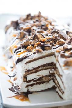 
                    
                        Reese's Ice Cream Cake |  lemonsforlulu.com | Easy ice cream cake with layers of peanut butter, peanut butter cups, caramel and chocolate sauce!
                    
                