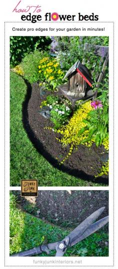 How to edge flowerbeds like a pro in minutes! - via Funky Junk Interiors. I am loving the little chair and birdhouse