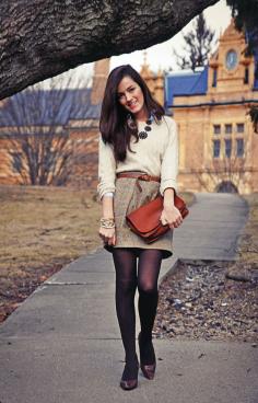 tweed skirt, sweater  tights